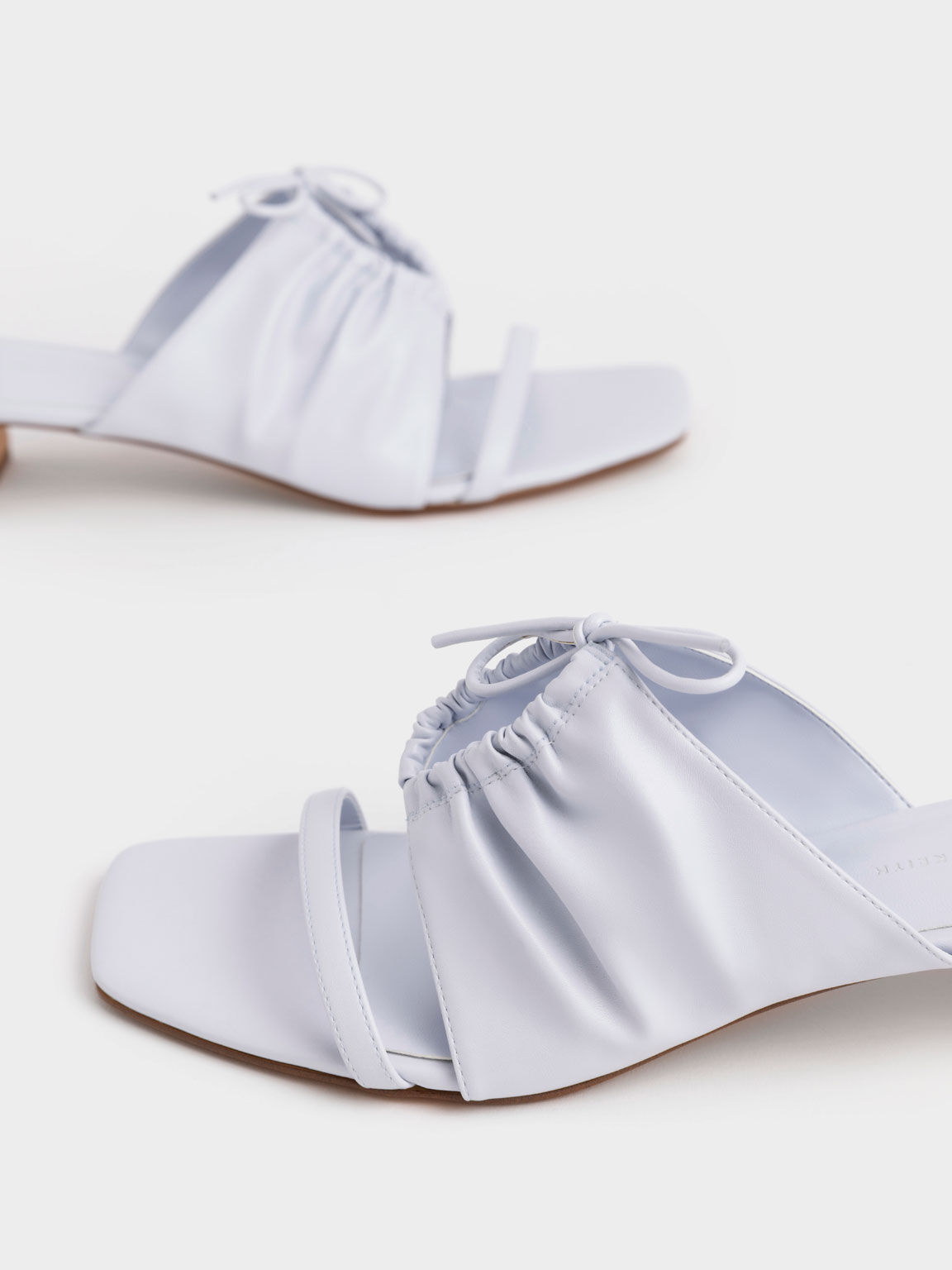 Bow-Tie Ruched Heeled Mules, Light Blue, hi-res
