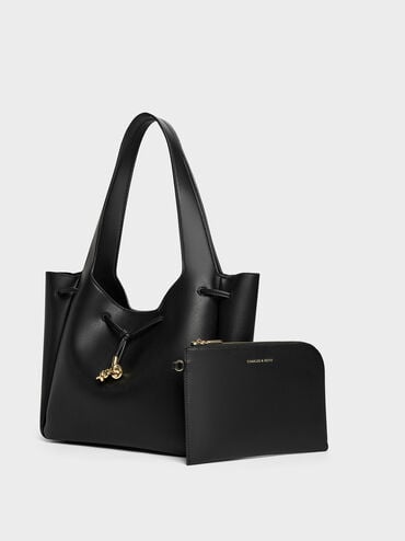 Mila Metallic-Knot Drawstring Tote Bag, Black, hi-res