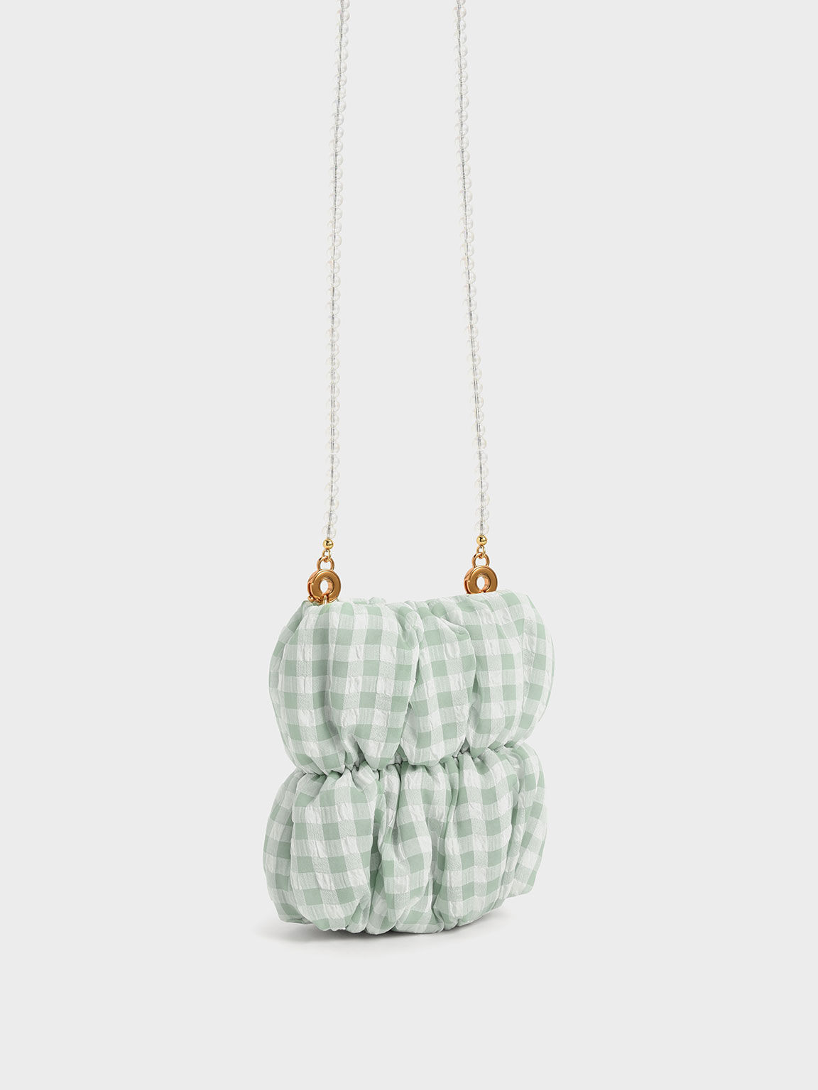 Ruched Bead-Handle Check-Print Crossbody Bag, Green, hi-res