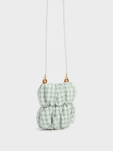 Ruched Bead-Handle Check-Print Crossbody Bag, Green, hi-res