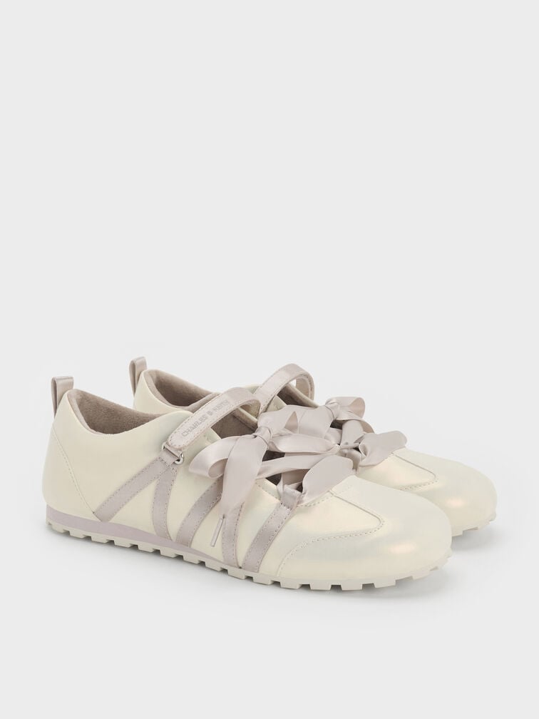 Silko Pearlescent Satin-Lace Ballet Sneakers, Chalk, hi-res