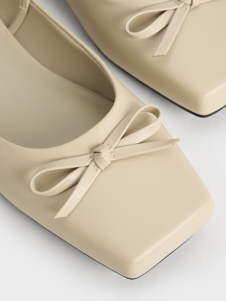 Mules de balé com bico quadrado e laço, Beige, hi-res