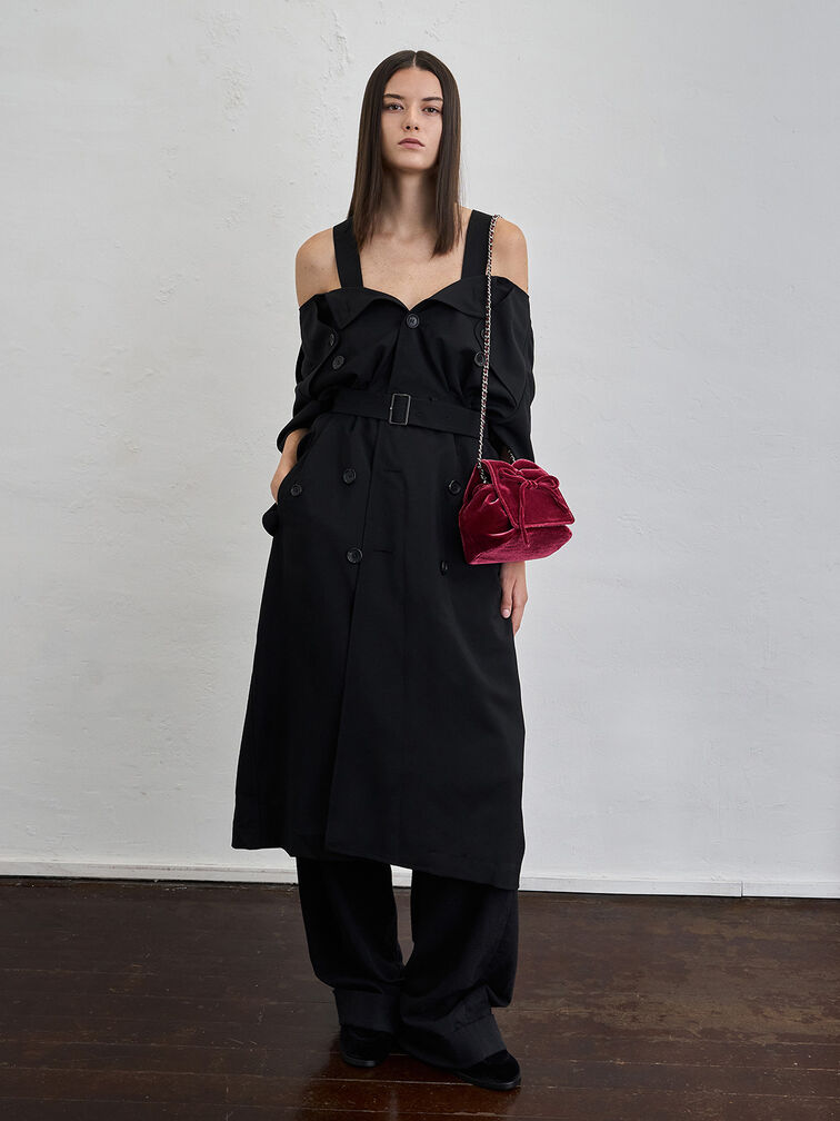Bolso de terciopelo con asa superior arrugada y lazo, Rosa, hi-res