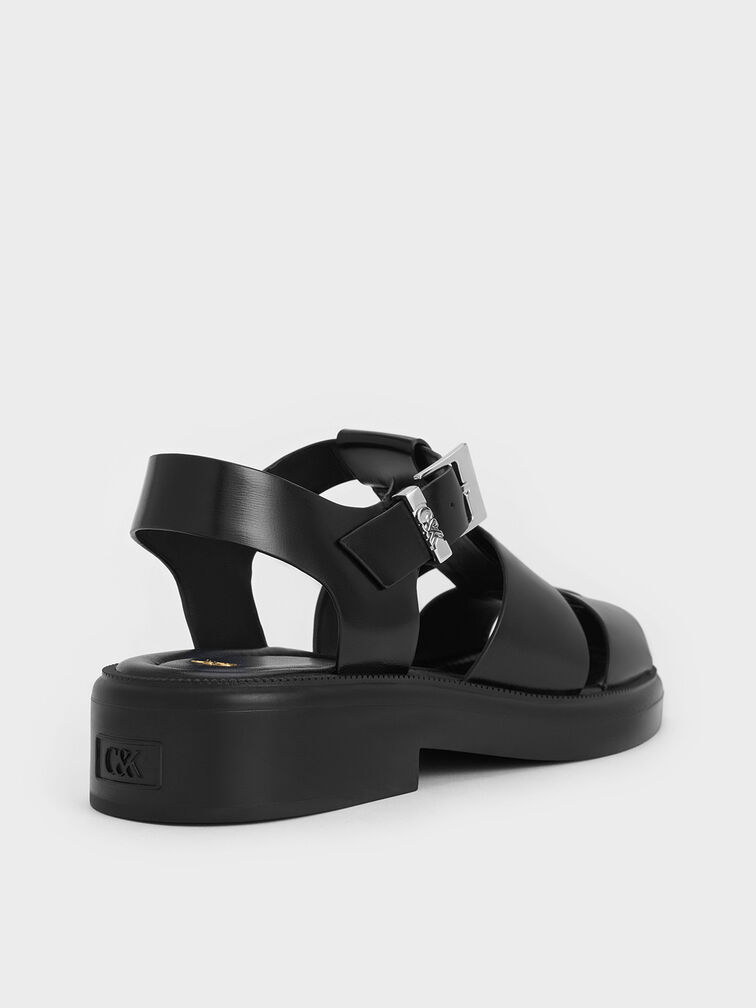 Leather Caged Sandals, Black, hi-res