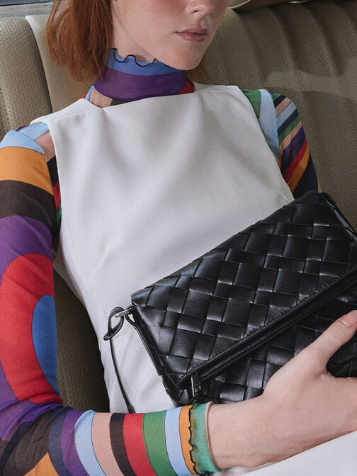 Ivette Woven Front Flap Crossbody Bag, Noir, hi-res