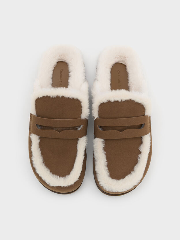 Furry Flatform Mules, Brown, hi-res