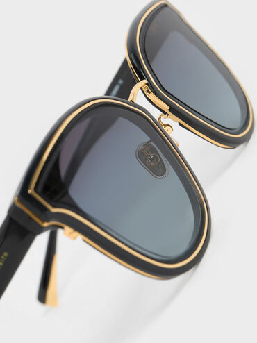 Gold-Trim Rectangular Sunglasses, Black, hi-res