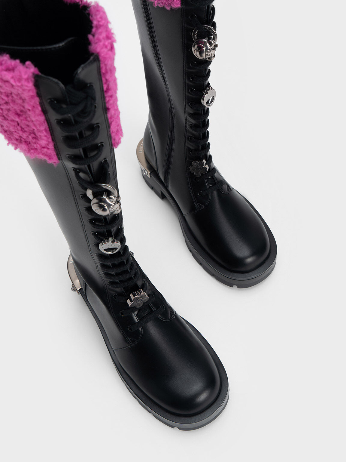 Lotso Furry Knee-High Combat Boots, Black Textured, hi-res