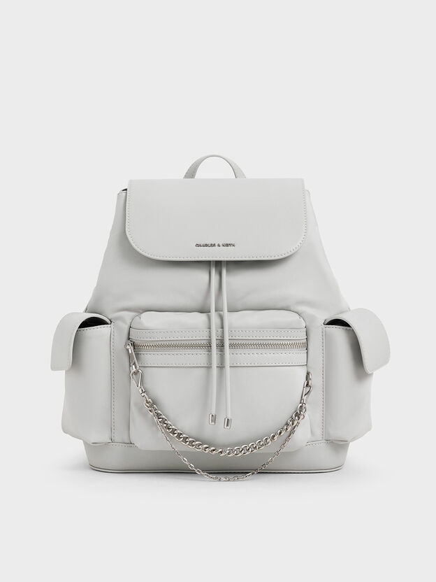 Nylon Puffy Chain-Link Backpack, Light Grey, hi-res