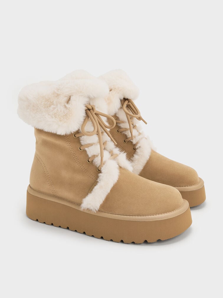 Faux Suede & Faux Fur Foldover Flatform Boots, Sand, hi-res