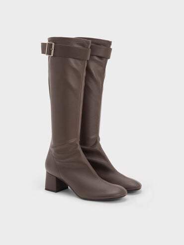 Gerry Buckled Block-Heel Knee-High Boots, Dark Brown, hi-res