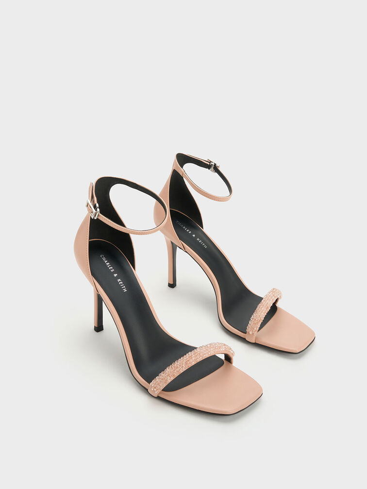 Beaded Strap Heeled Sandals, Nude, hi-res