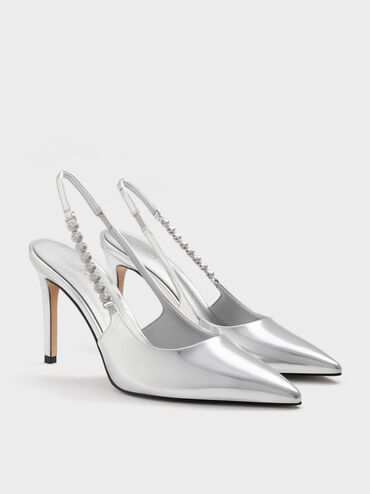 Zapatos de tacón con tira trasera metálica y tira de gemas, Plateado, hi-res