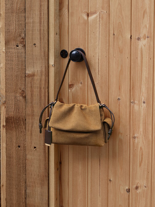 Khai Recycled Suede Ruched-Flap Side-Pocket Top Handle Bag, Sahara Sand, hi-res