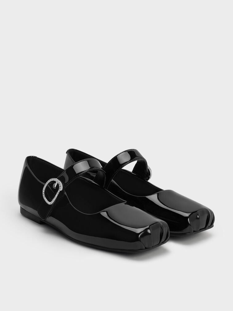 Girls' Patent Crystal-Buckle Square-Toe Mary Jane Flats, Black Patent, hi-res