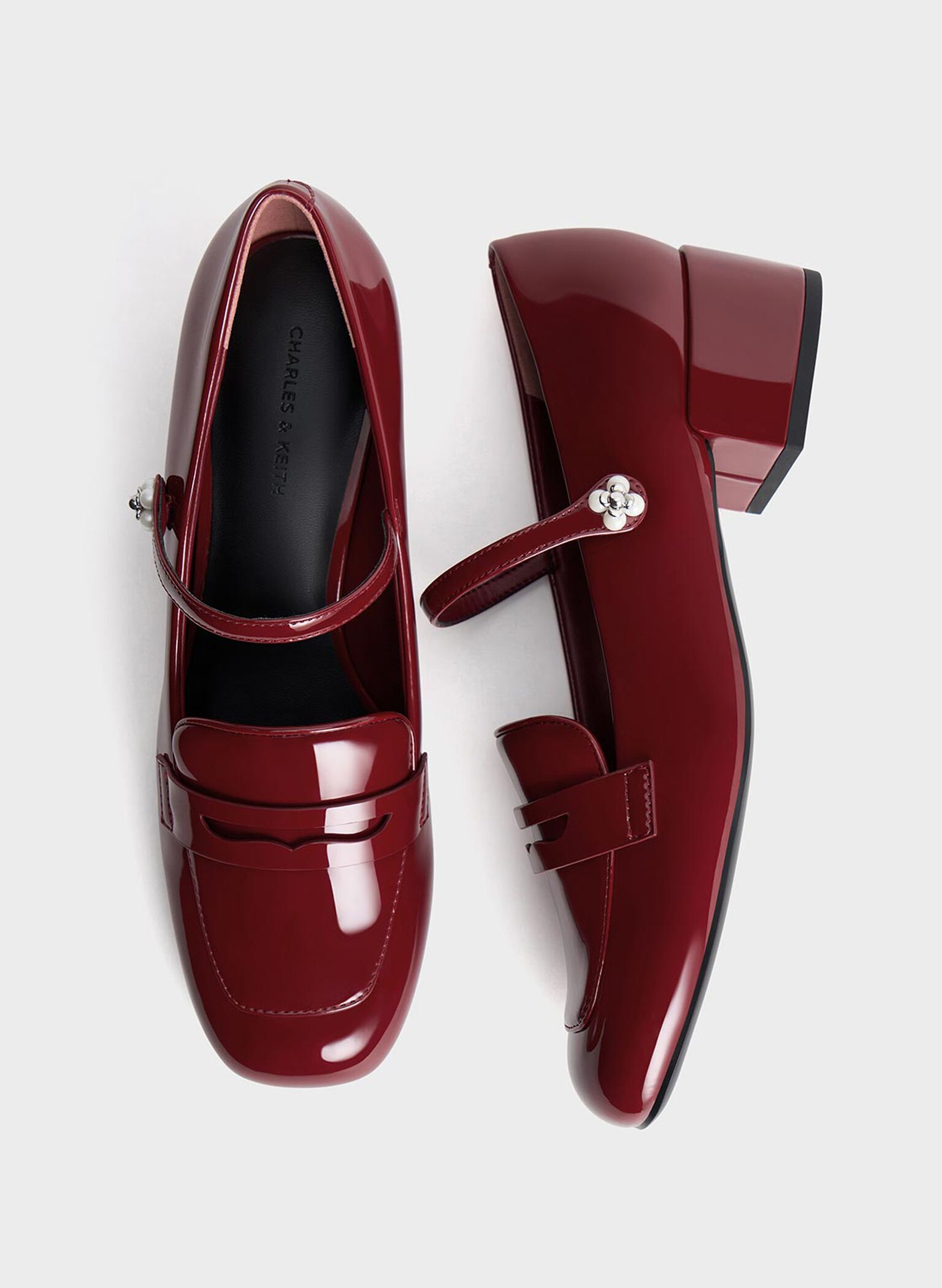 Patent Pearl-Embellished Flower-Buckle Mary Jane Loafers, Maroon, hi-res