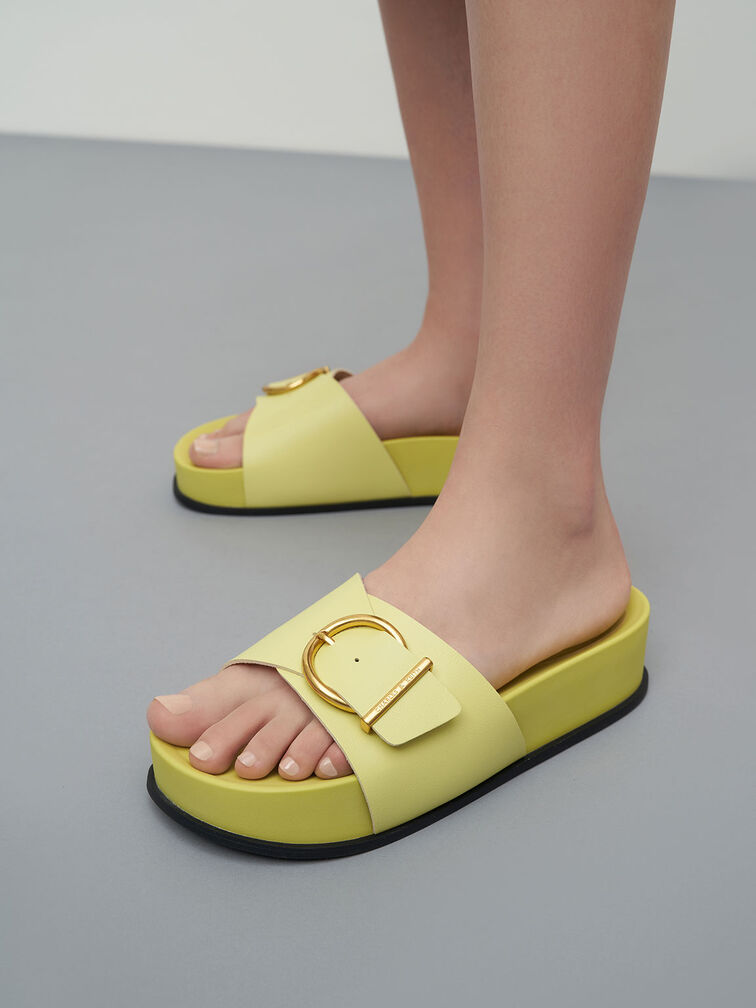 Metallic Buckle Flatform Sandals, Yellow, hi-res