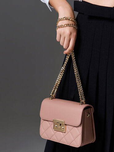 Quilted Push-Lock Chain-Handle Bag, Blush, hi-res