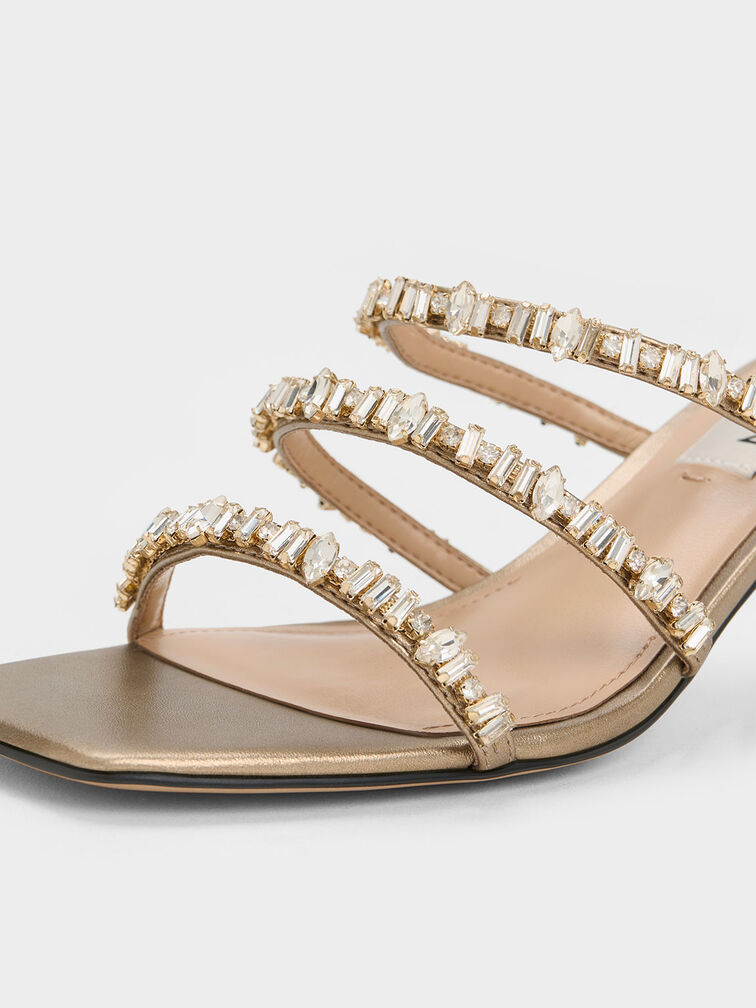 Gem-Encrusted Metallic Strappy Sandals, Gold, hi-res