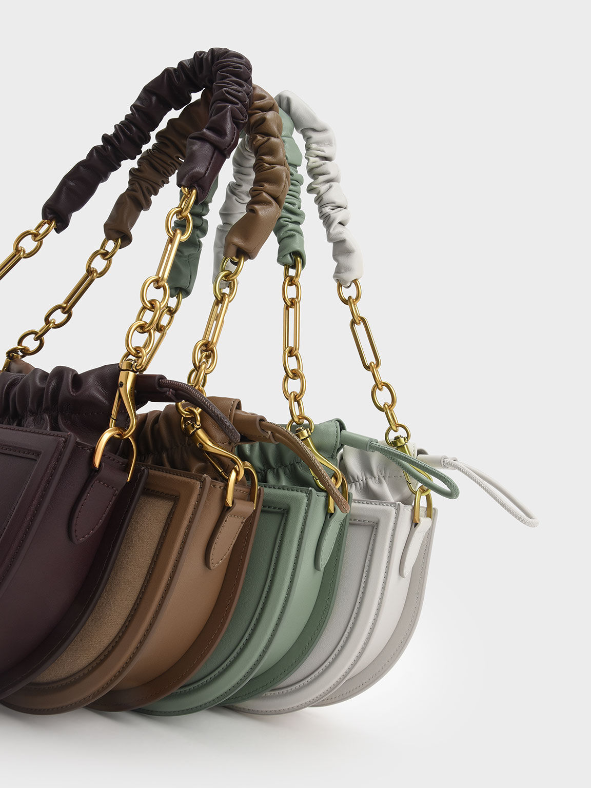 Solange Ruched Chain Handle Crescent Bag, Dark Oak, hi-res
