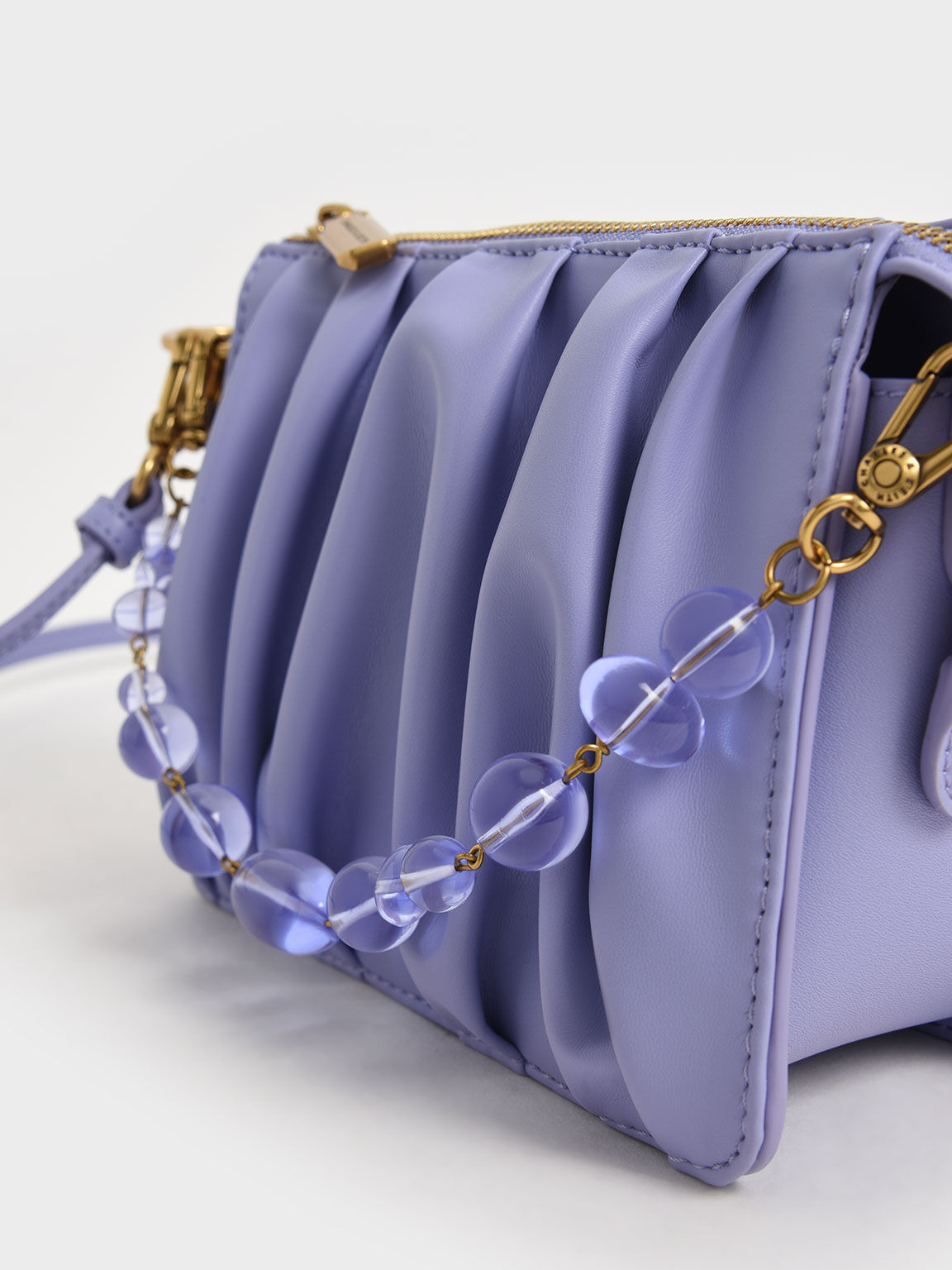 Ruched Bead-Handle Shoulder Bag, Lilac, hi-res