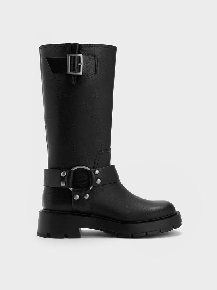 Botas sobre la rodilla con hebilla metálica, Negro, hi-res