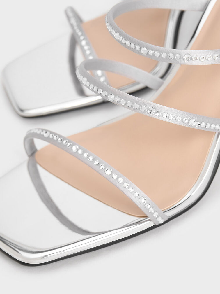 Recycled Polyester Crystal-Embellished Strappy Mules, Silver, hi-res