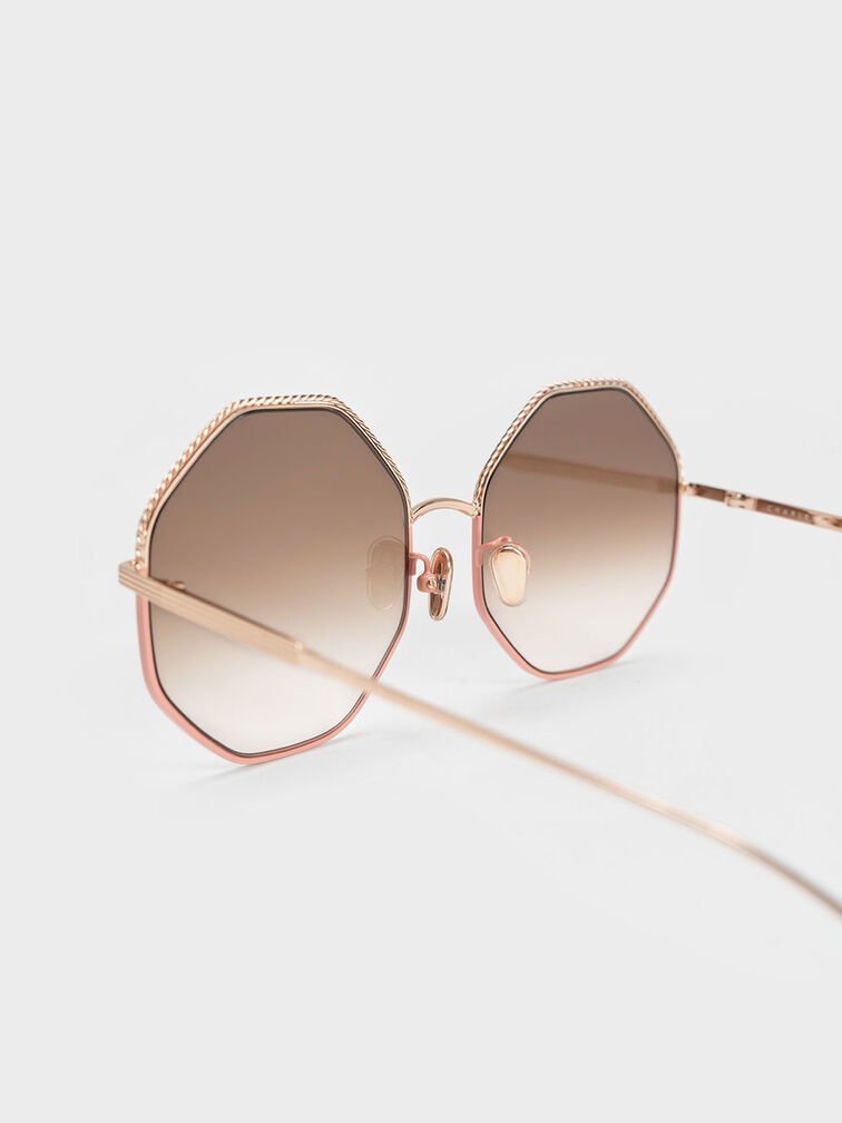 Hexagonal Wire-Frame Sunglasses, Pink, hi-res