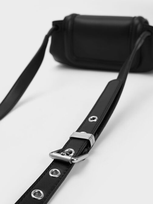 Mini Blossom Curved Flap Crossbody Bag, Black, hi-res