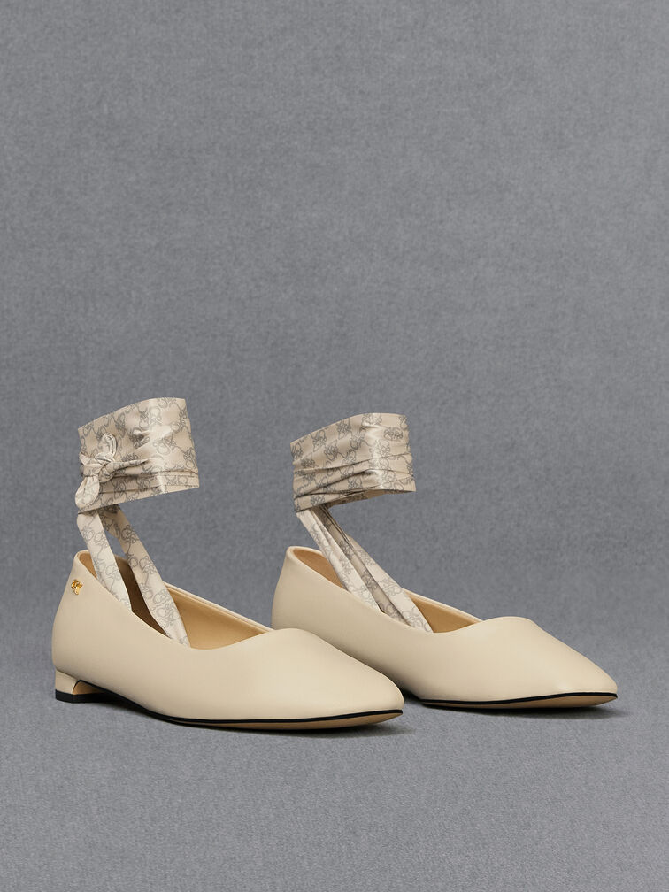 Leather Monogram Tie-Around Ballet Flats, Chalk, hi-res