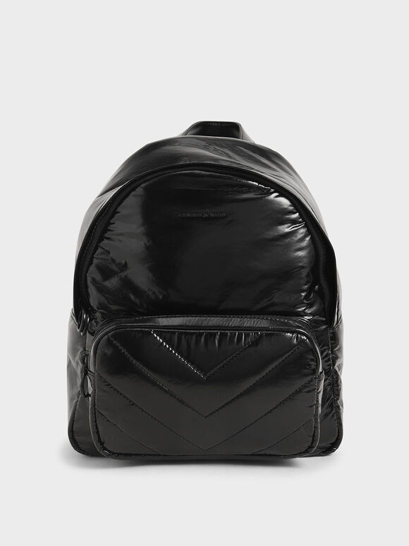 Quilted Double Zip Backpack, Black, hi-res