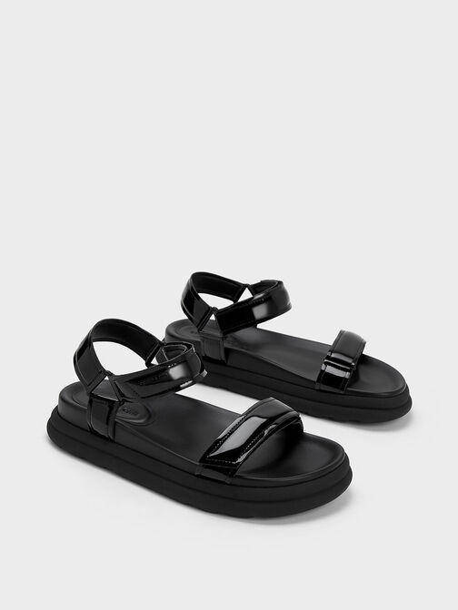 Patent Strappy Sports Sandals, Black Patent, hi-res