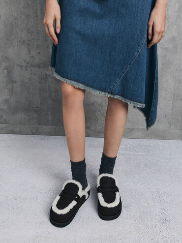 리사이클 퍼 플랫폼 뮬, 블랙 텍스처드, hi-res