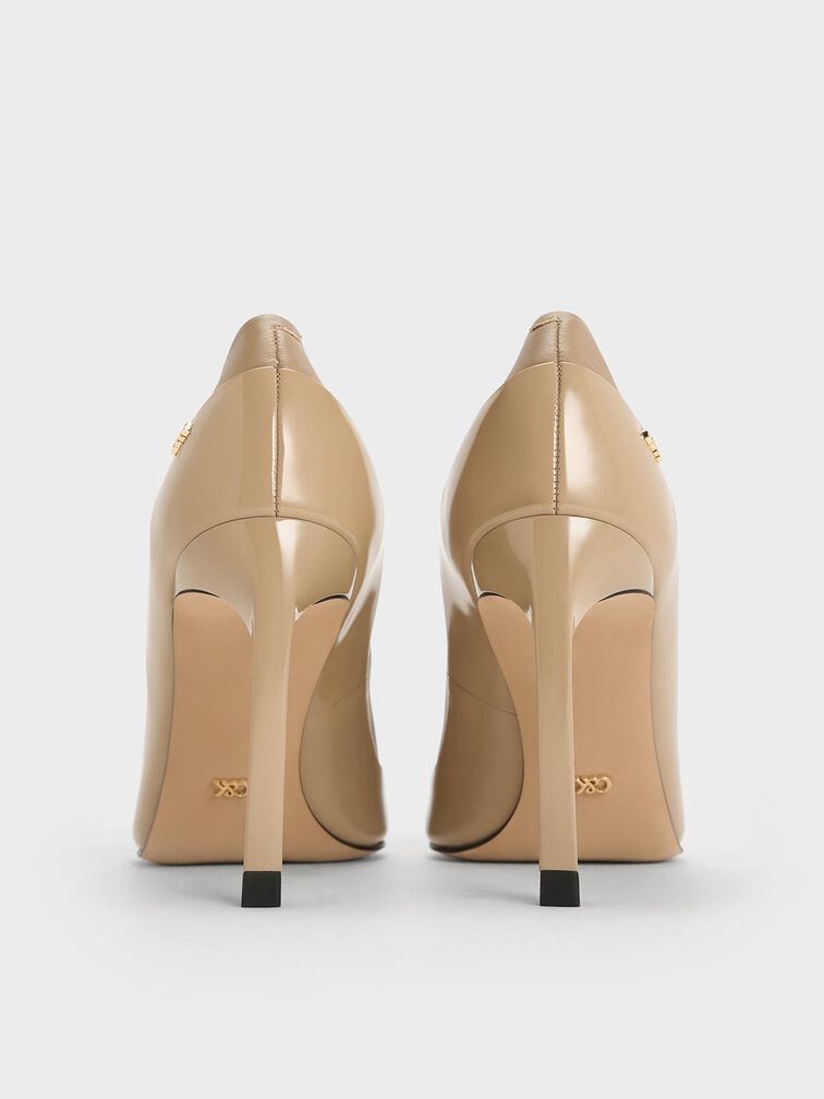 Leather & Patent Pointed-Toe Pumps, Taupe, hi-res