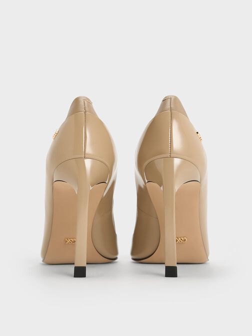 Leather & Patent Pointed-Toe Pumps, Taupe, hi-res