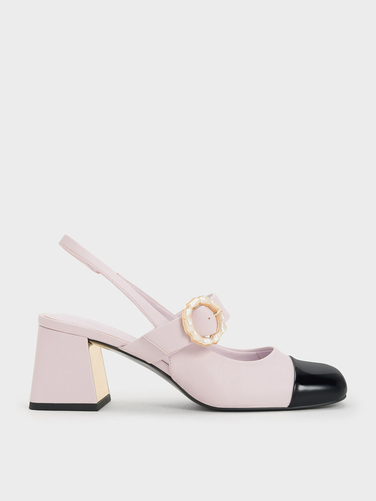 Patent Two-Tone Pearl Buckle Slingback Pumps, Lilac, hi-res