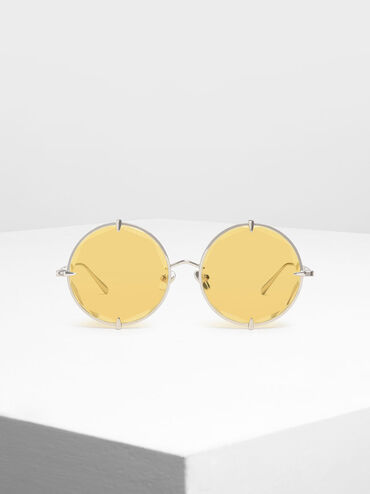 Round Wire Frame Skinny Sunglasses, Yellow, hi-res