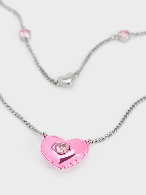 Bethania Heart Crystal Double Chain Necklace, Pink, hi-res