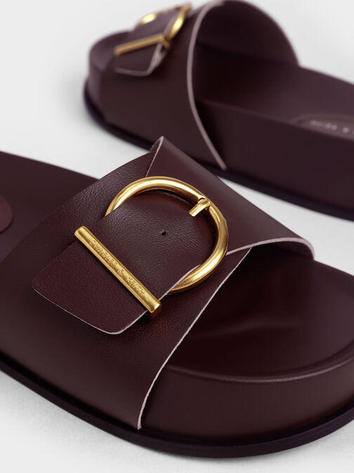 Metallic Buckle Flatform Sandals, Brown, hi-res