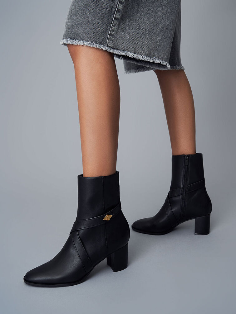 Metallic Accent Crossover Ankle Boots, Black, hi-res