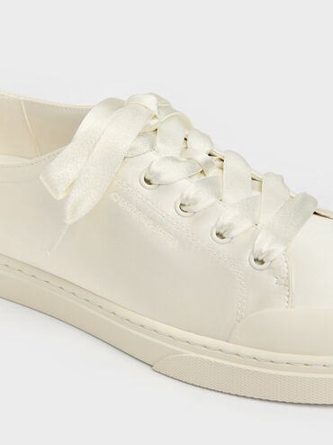 Satin Lace-Up Sneakers, White, hi-res