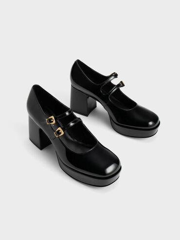 Patent Block Heel Mary Janes, Black, hi-res