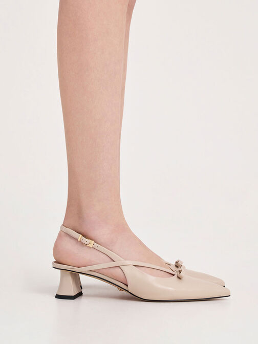 Leather Bow Strappy Slingback Pumps, Nude, hi-res