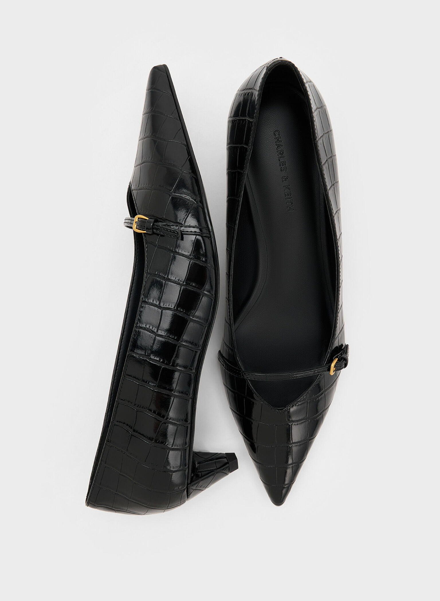 Croc-Effect Buckled Pointed-Toe Kitten-Heel Pumps, Animal Print Black, hi-res