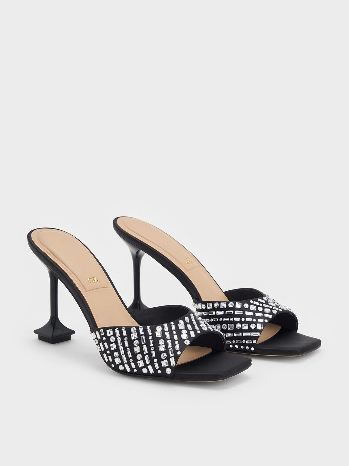 Black Textured Jacqueline Recycled Polyester Crystal-Embellished  Sculptural-Heel Mules - CHARLES & KEITH US
