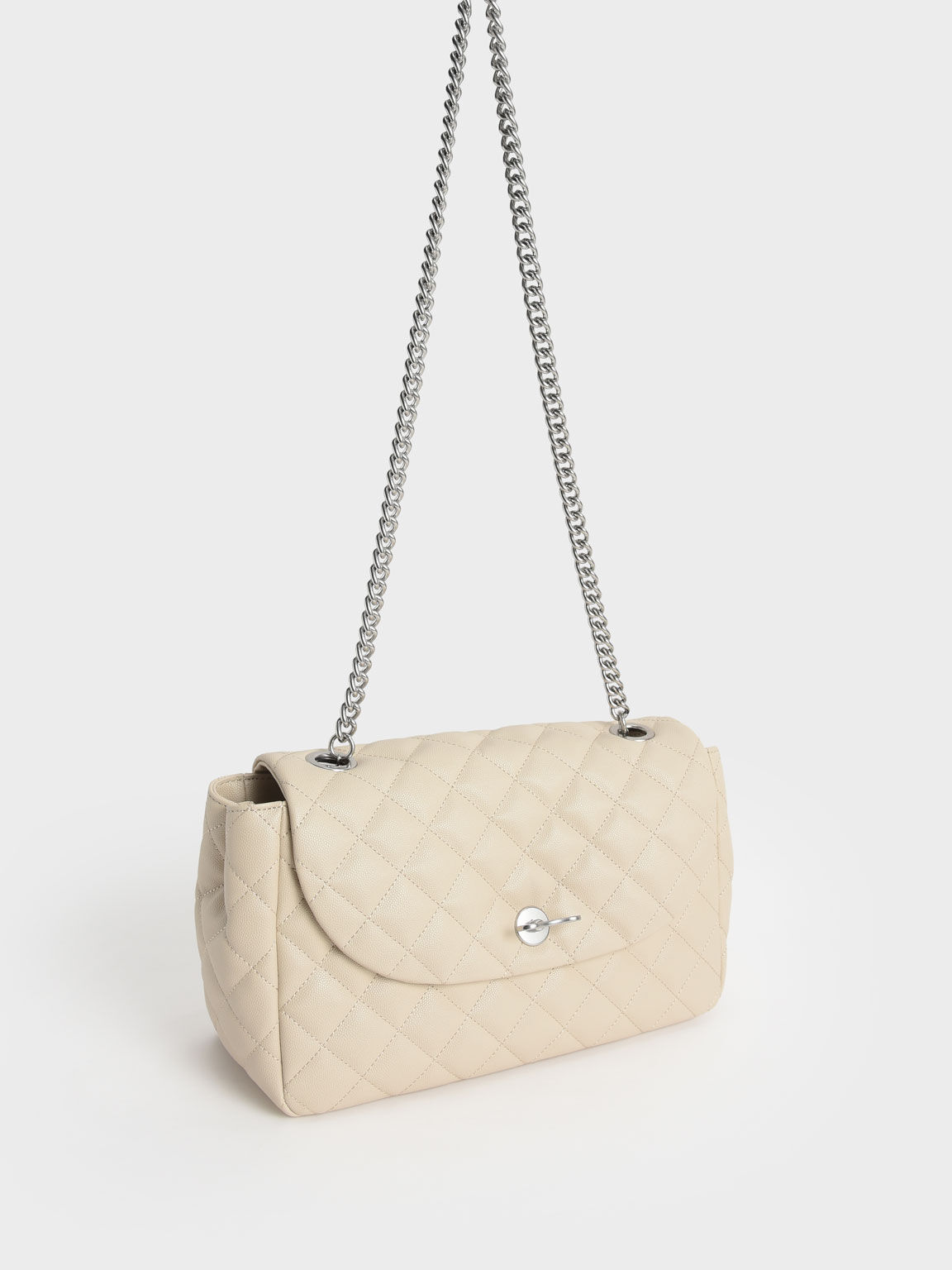 Chain Link Quilted Top Handle Bag, Cream, hi-res