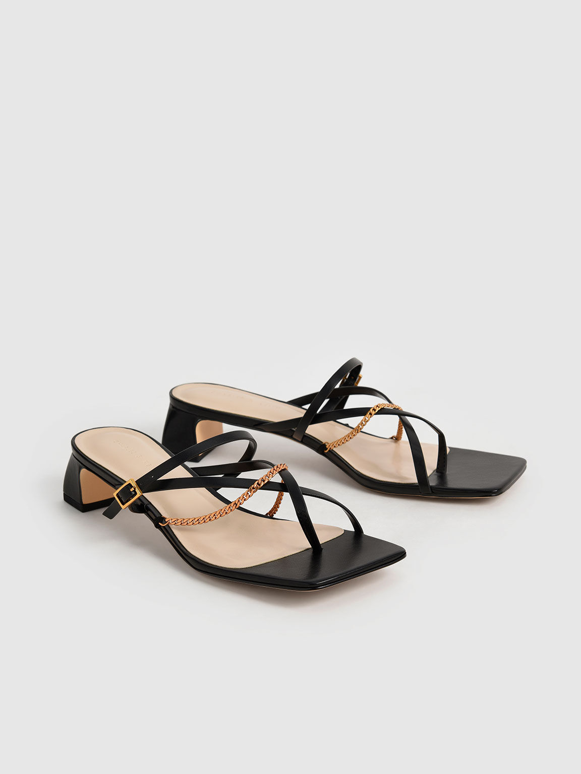 Chain Link Toe-Ring Sandals, Black, hi-res