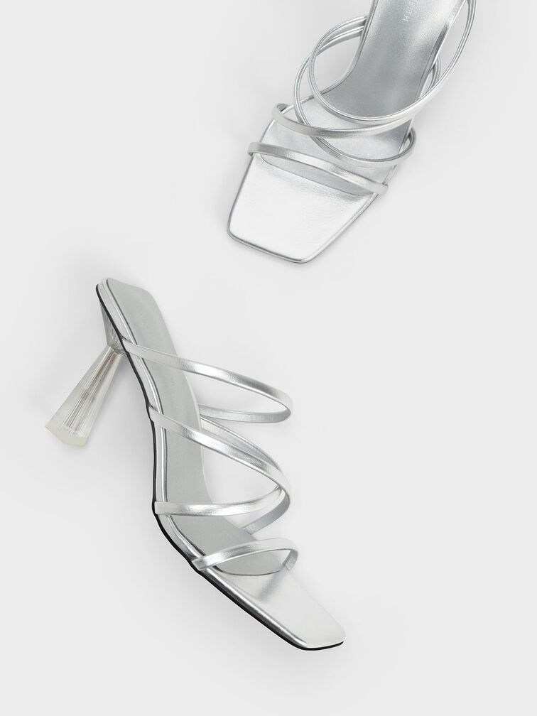 Transparent Heel Strappy Mules, Silver, hi-res