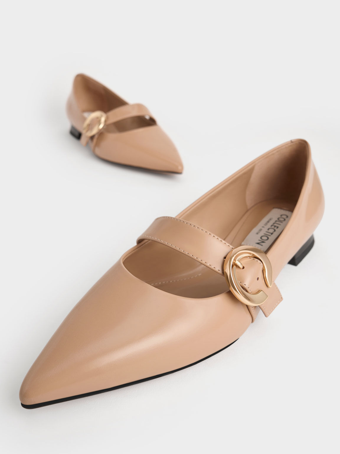 金屬圓釦真皮尖頭鞋, 膚色, hi-res