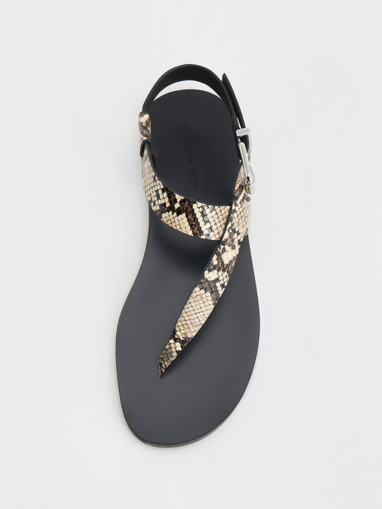 Snake-Print Asymmetric Slingback Thong Sandals, Animal Print Natural, hi-res